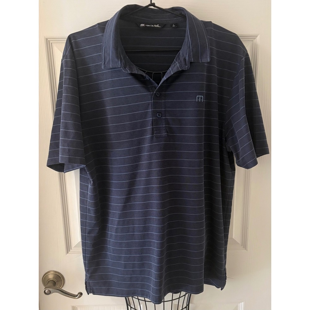 TravisMathew Golf Polo Shirt Men's Large Navy Blue Striped Performance
